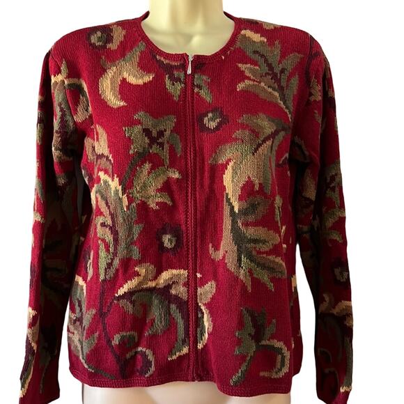 Talbots Petite Red Leaf Print Front Zip Cardigan Sweater Earthy Vibe Autumn - Picture 1 of 10
